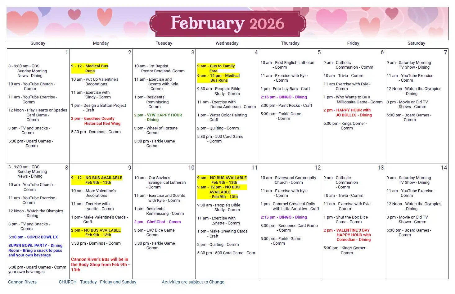 February-2026 November 2025 Events calendar